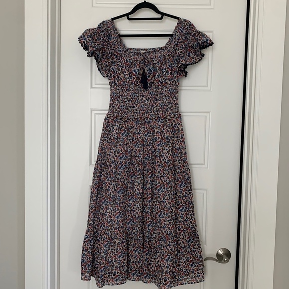 Tory Burch 100%Cotton Floral Print Smocked Waist Midi Dress On/Off the Shoulder - Picture 4 of 10
